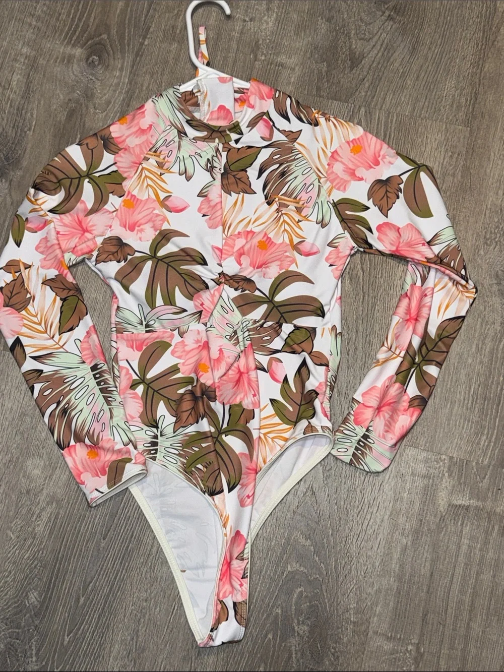 Long Sleeve Floral Rash Guard Swimsuit - Pink & Brown